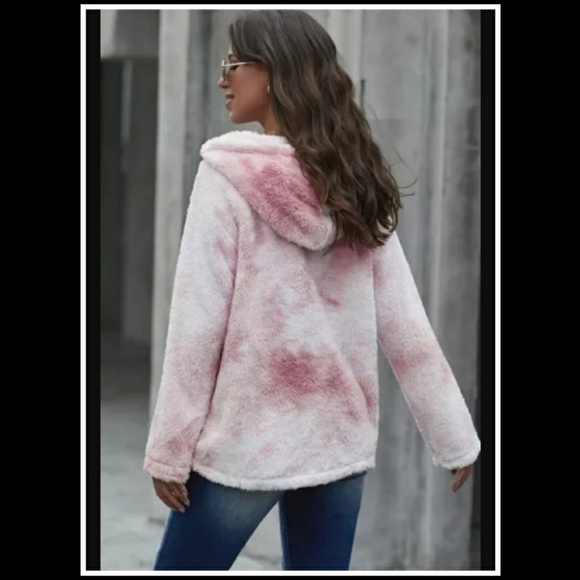 ‼️CLEARANCE PRICE FIRM‼️🎉💕Pink V-neck Tie-dye Plush Pullover Hoodie💕 - Picture 2 of 7